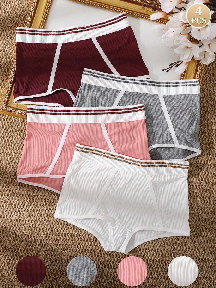 4pcs/Set Women's Solid Color Sporty Style Comfortable Sexy Boxer Briefs - Multicolor - View 1