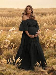 Maternity Open Shoulder Layered Short Sleeve Crepe Fabric Slight Stretch Dress, Ruffle Hem Train Skirt Black Fall - Black - View 1