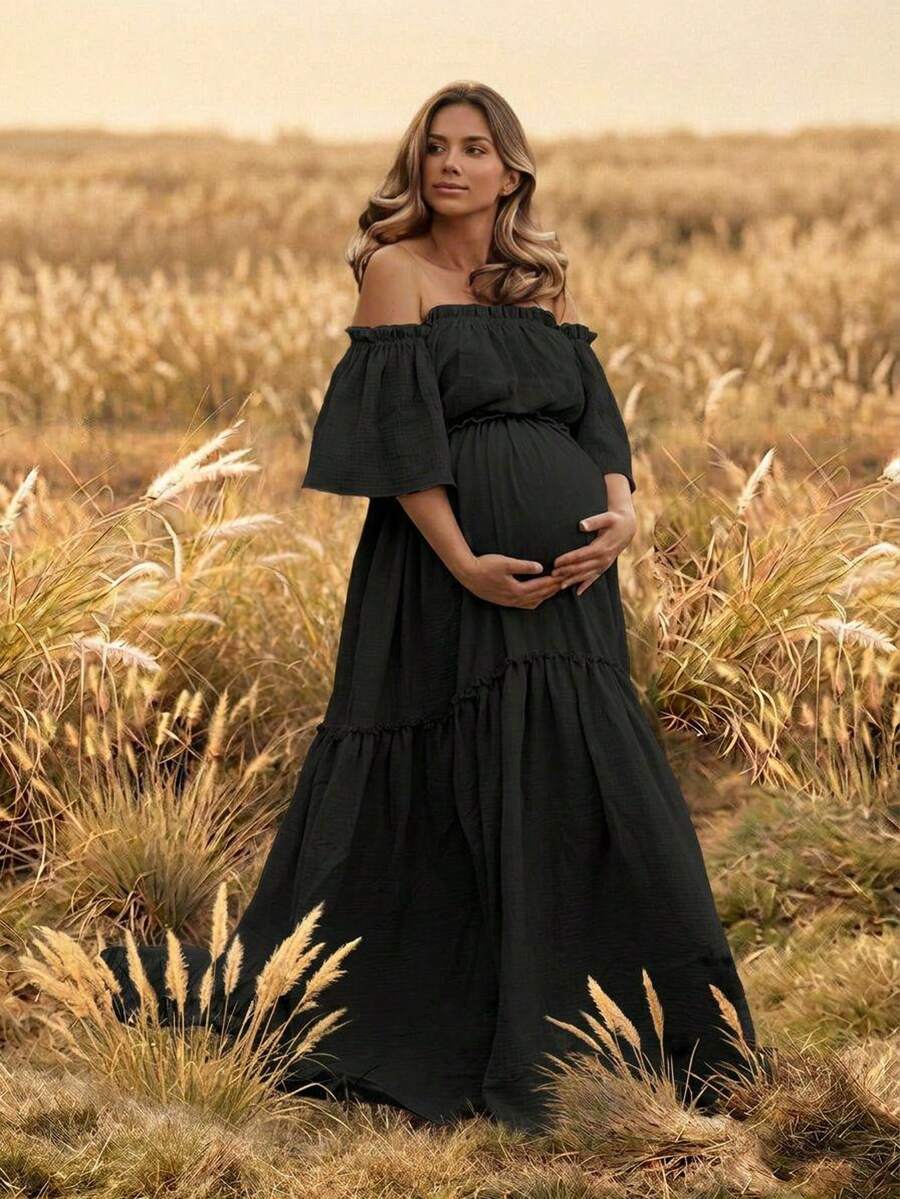 Maternity Open Shoulder Layered Short Sleeve Crepe Fabric Slight Stretch Dress, Ruffle Hem Train Skirt Black Fall - Black - View 1