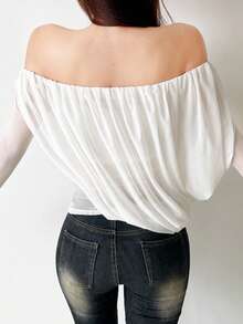 Women's Off-Shoulder Semi-Sheer Knit Top, Asymmetrical Hem, Long Sleeve Regular Fit, Suitable For Autumn Wear - White - View 2