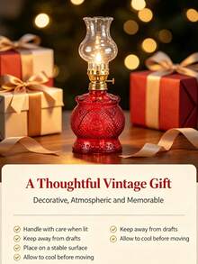 Vintage Kerosene Lamp - Butter Lamp - Paraffin Lamp - Just Add Your Own Liquid Fuel (Animal Oil Or Vegetable Oil) To Use. Lighting Tool, Night Lighting. Vintage Style Oil Lamp (Flammable) / Windproof Glass Paraffin Lamp / Nostalgic Decoration / B&B Decoration Adjustable Light Source Yoga Studio Restaurant Cafe Study Lighting Atmospheric - Red - View 3