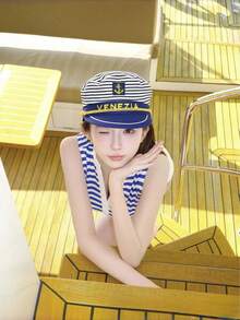 Blue Stripe Navy Cap, Summer Seaside Vacation Style, Large Brimmed Hat For Women, Sun Protection, Sunshade, Sailor's Cap. - Multicolor - View 1