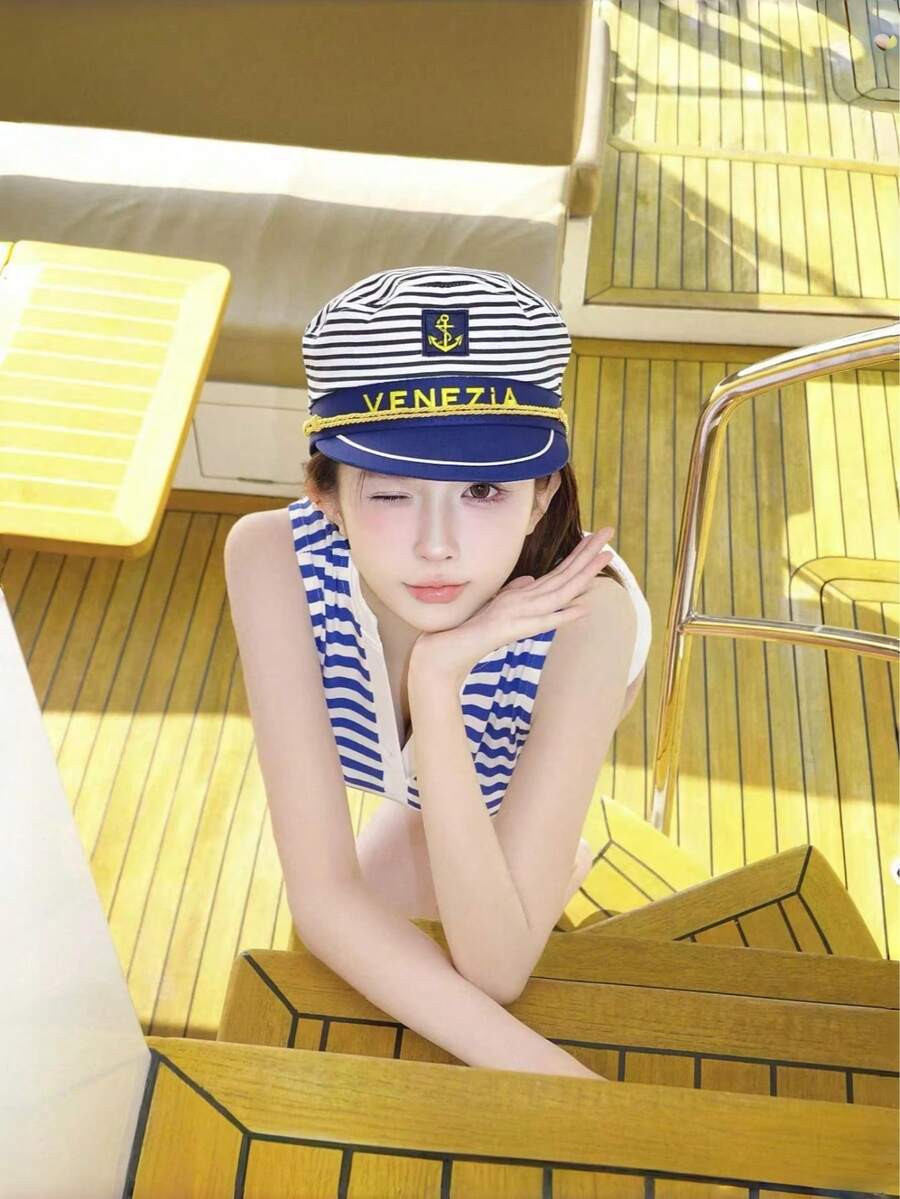 Blue Stripe Navy Cap, Summer Seaside Vacation Style, Large Brimmed Hat For Women, Sun Protection, Sunshade, Sailor's Cap. - Multicolor - View 1