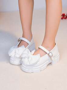 Autumn/Winter New Girls' White Mary Jane Shoes With Bow And Pearl Decor, Simple Sweet Versatile Children's Princess Shoes - White - View 5