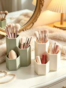 1pc 3 Grid Spliced Hexagonal Pen Holder, Multi-Compartment Makeup Brush Organizer, Desktop Storage Caddy For Office School Vanity Table Pencil Case Storage Organizer School - Multicolor - View 2