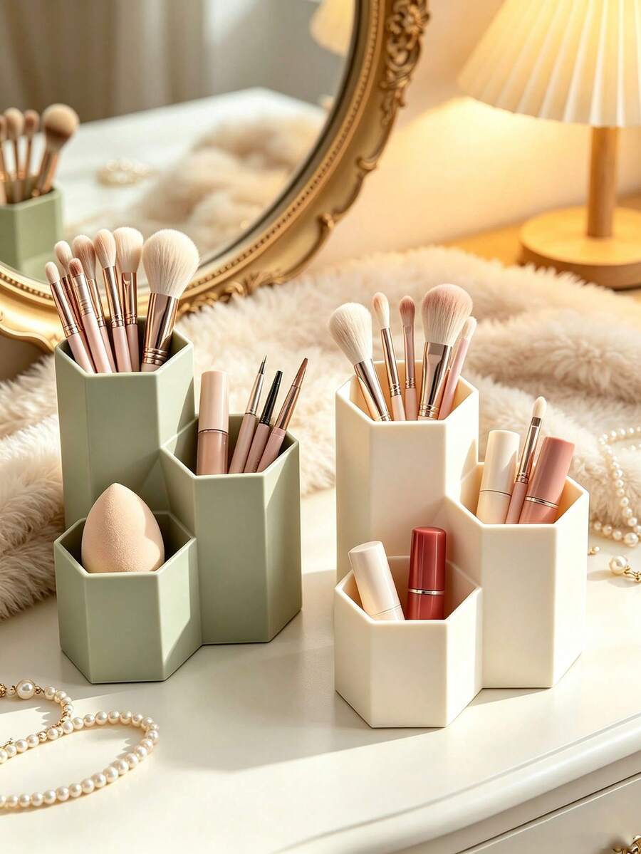 1pc 3 Grid Spliced Hexagonal Pen Holder, Multi-Compartment Makeup Brush Organizer, Desktop Storage Caddy For Office School Vanity Table Pencil Case Storage Organizer School