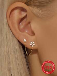 1pc S925 Sterling Silver Double Piercing Chain Flower Stud Earrings For Women, Delicate Niche Design, Sweet Elegant Luxury Style, Personalized Layered Wear, Fashion Daily Commute Date Gentle Atmosphere Accessory - Flowers - View 11