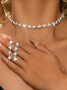 Set Perhiasan 3pcs Minimalis Kalung & Anting-Anting Bentuk Tetesan Air dengan Rhinestone, Cocok untuk Wanita, Acara Pernikahan, Ulang Tahun, Hari Jadi, Pesta - Perak - View 2
