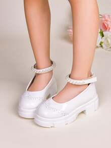 New White Pearl Ankle Strap Platform Mary Jane Shoes, Vintage Style, Versatile Comfortable Thick Sole For Girls - White - View 5