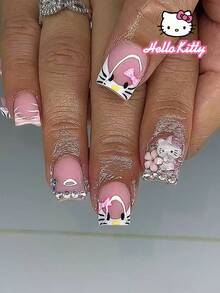 Sanrio Hello Kitty 24片短方型3D凝膠豹紋與粉色法式穿戴甲，附可愛3D Hello Kitty、水鑽與花朵裝飾，亮片設計，完美貼合的壓克力假指甲套組，適合女孩日常、派對與聚會使用 - 彩色 - 查看 1