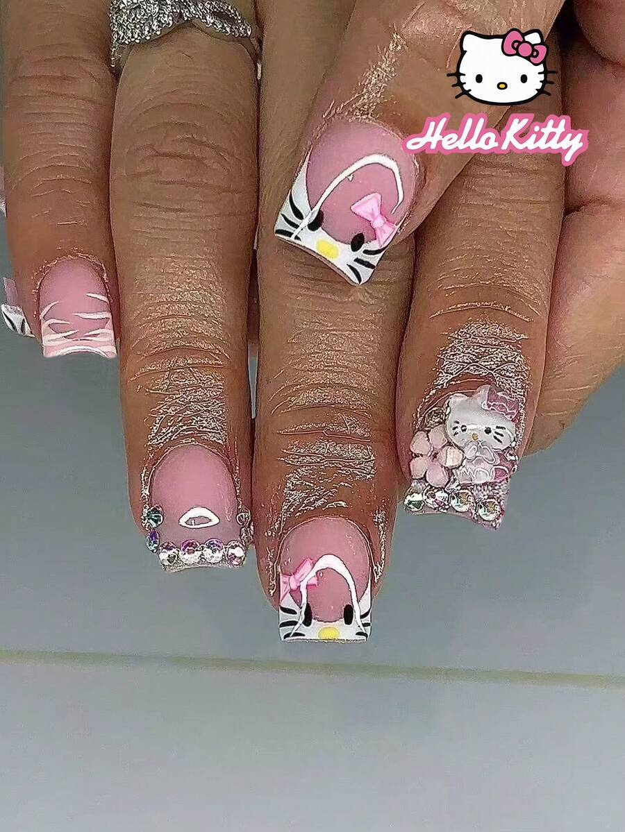 Sanrio Hello Kitty 24片短方型3D凝膠豹紋與粉色法式穿戴甲,附可愛3D Hello Kitty、水鑽與花朵裝飾,亮片設計,完美貼合的壓克力假指甲套組,適合女孩日常、派對與聚會使用 - 彩色 - 查看 1