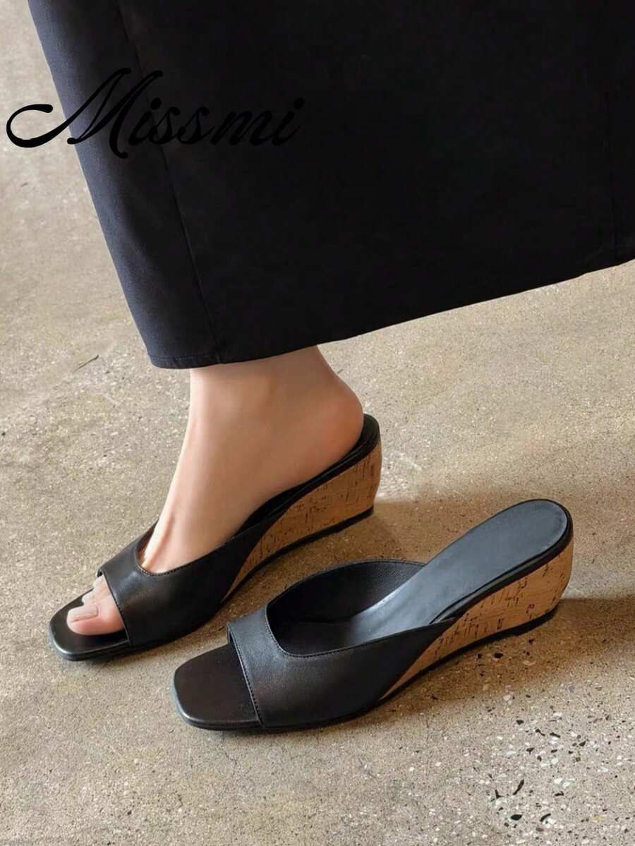 2026 Spring/Summer New Women's Faux Leather Mule Wedge Open-Back Sandals - Black - View 1