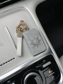 1pc Korean Style Fine Glitter Full Rhinestone Sun Car Key Pouch, Creative Rhinestone Diamond Grid Anti-Drop Key Chain, Premium Car Key Holder Pendant Wrist Strap, Universal Sparkling Car Key Protective Cover Storage Bag - A - View 8
