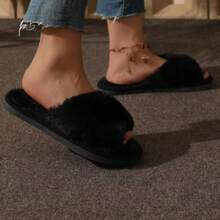 Fashionable Women's Spring/Autumn Beautiful Comfortable Cross Strap Open Toe Flat Black Fuzzy House Slippers - Black - View 5