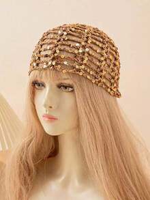 Women's Y2K Contrast Color Sequin Hollow‑Out Knitted Hat, Breathable Handmade Casual Beanie, For Music Festival Holiday Party Photo Prop Outdoor Daily - Multicolor - View 14