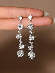 1 Pair Fashion Long Teardrop Rhinestone Dangle Earrings, Suitable For Women's Daily Wear - Silver - View 4
