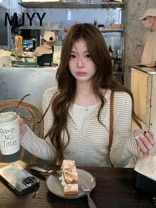 Kaos Lengan Panjang Leher Persegi Bergaris Gaya Korea 2 in 1 untuk Wanita, Cocok untuk Awal Musim Semi, Ukuran Mungil, Potongan Ramping, Lapisan Dalam, Atasan Pendek Kasual - Aprikot - View 2
