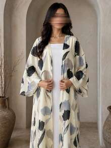 Hafizah Women's Printed Long Sleeve Hooded Robe Jacket With Headscarf, Abaya - Apricot - View 2