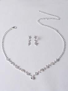 3pcs Simple Waterdrop-Shaped Rhinestone Necklace And Earrings Set Suitable For Women's Wedding, Birthday, Commemoration, Party - Silver - View 6