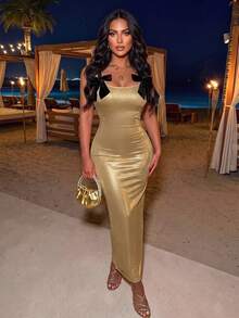 AIJ Women's Luxury Gold Strap Long Dress, Black Bow Sleeveless Backless Slit Bodycon Dress, Elegant Sexy Autumn Wedding Guest Party Banquet Outfit Summer - Gold - View 8