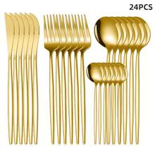 Stainless Steel Cutlery Sets (10/24/48/72 Pieces), Including Forks, Spoons, Knives, Coffee Spoons, And Steak Knives; Reusable; Serving Sizes For 2/6/12/18 People. - Gold - View 12