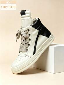 Men's High-Top Platform Sneakers Cream Skate Shoes Retro Casual Walking Trainers With Easy-Clean Leather, Unisex Couple Style, Back To School Streetwear Essential - 米色 - 查看 1