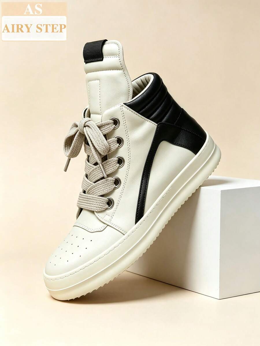 Men's High-Top Platform Sneakers Cream Skate Shoes Retro Casual Walking Trainers With Easy-Clean Leather, Unisex Couple Style, Back To School Streetwear Essential - 米色 - 查看 1