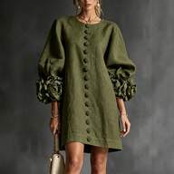 Women Elegant Linen Blend Short Dress Round Neck Balloon Sleeve 3D Floral Cuff Decor Buttons Loose Shift Dress