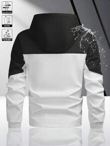 Men's Colorblock Outdoor Style Hooded Jacket, Contrast Patchwork Design, Durable Windproof Woven Fabric, Smooth Zipper Closure, Elastic Cuffs And Hem, Street Sports Commute Versatile Style - Black - View 3