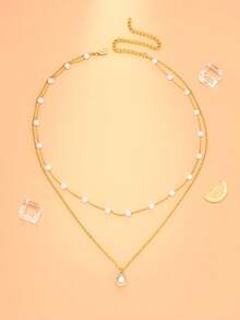 STONEFANS 1 pieza Collar colgante de perlas de doble capa de concha dorada para mujer, elegante collar de perlas falsas en capas, joyería para el atuendo del Día Nacional de Arabia Saudita, accesorio de vacaciones y fiesta de estilo desértico árabe - Dorado - Ver 7