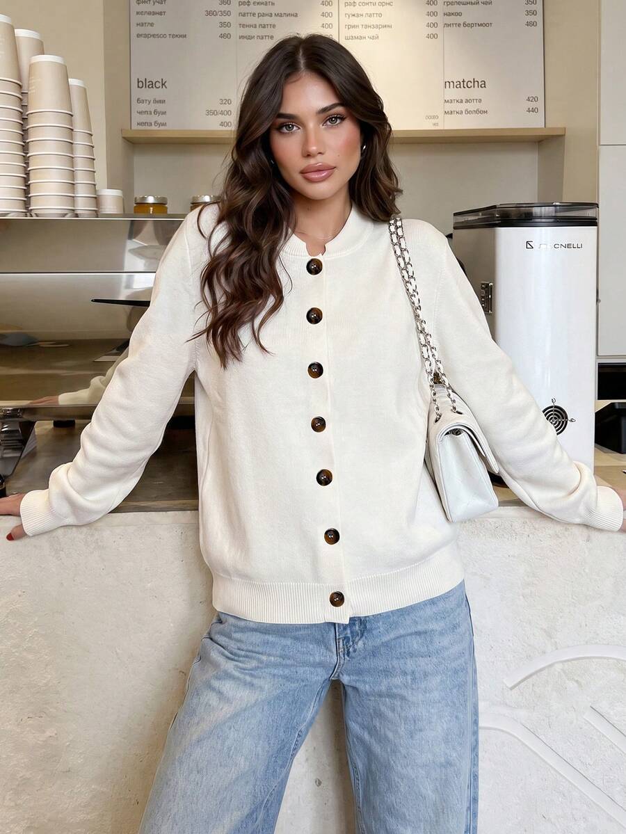 Women's Solid Color Baseball Collar Long Sleeve Single-Breasted Casual Knit Cardigan Fall - Beige - View 1