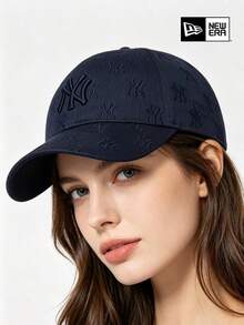 New Era Navy Blue NY Letter Embroidered All-Over Pattern Curved Brim Cap, Low-Key Everyday Hat - Navy Blue - View 2