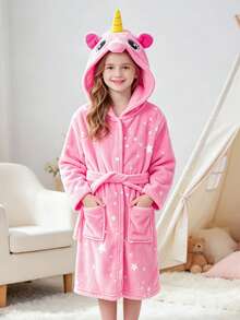 Tween Girl Pink Unicorn & Starry Sky Pattern Belted Sleep Robe - Multicolor - View 1
