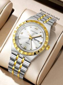 Men's Premium Gold-Tone Alloy Band Watch, Roman Numeral Rhinestone Dial With Date Display, Business Casual Versatile Quartz Wristwatch (1pc/Set), Watch Box Not Included - Multicolor - View 8
