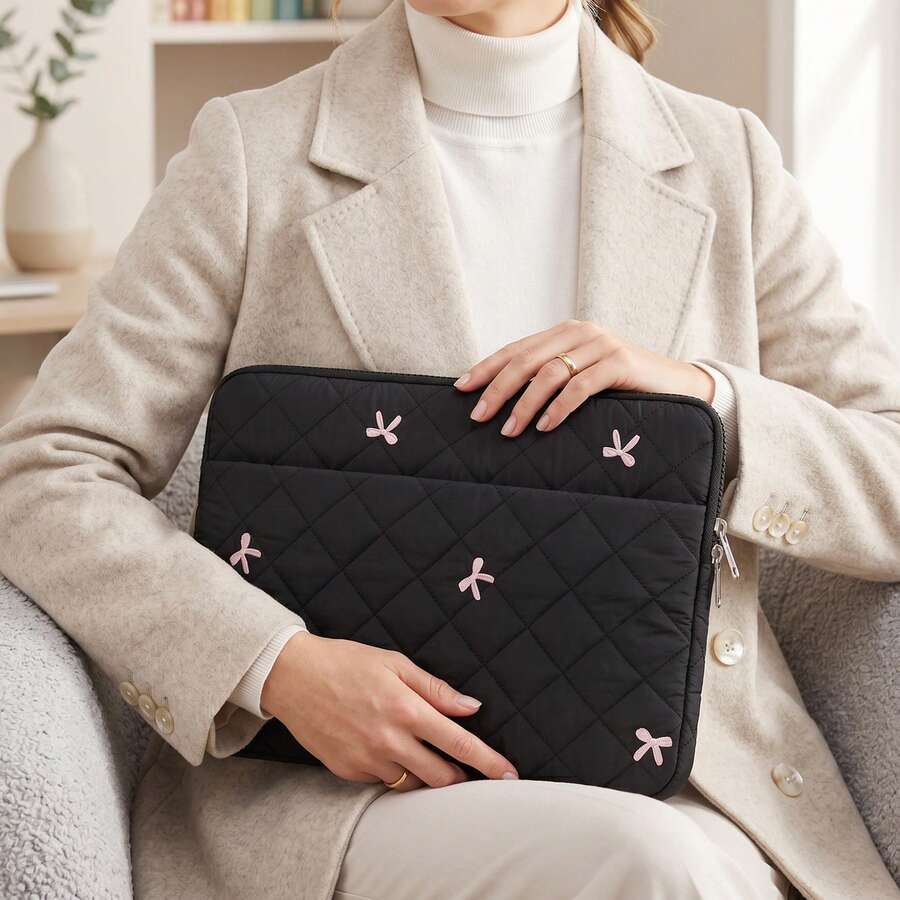 Laptop Sleeve With Embroidered Bows 11,13-14, 15-16 Inch Laptop Case, Compatible With 11-16 Inch Chromebook PC Notebook - Black - View 1