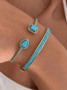 rakol 2Pcs Luxury Cubic Zirconia Teardrop Square Baguette Decor Open Cuff Bracelet Set For Women Daily Party Wear - Rectangular - View 8