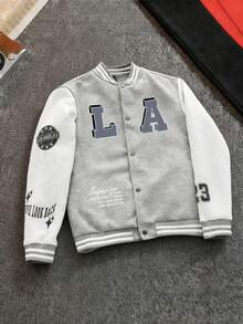 1pc Tween Boy Versatile Fashion Personalized Letter Print Colorblock V-Neck Fleece Jacket Autumn/Winter - Light Grey - View 6