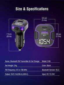 REMAX 藍牙FM發射器車用充電器，USB-C與USB-A雙埠輸出，支援無線與USB隨身碟音樂播放，內建高畫質麥克風免持通話，紫色氛圍燈，汽車配件，汽車必需品，汽車用品 - 黑色 - 查看 12