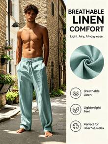 Men's Linen Woven Spring/Autumn/Summer Loose Thin Casual Pocket Long Pants, Suitable For Beach Vacation And Daily Commute - Mint Green - View 3