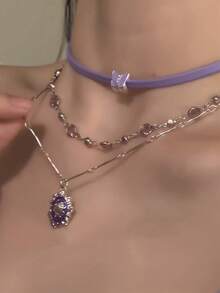 Kalung Bertingkat untuk Wanita, Gaya Manis & Keren, Rantai Kalung Choker Ungu Premium - Lilac Purple - View 6