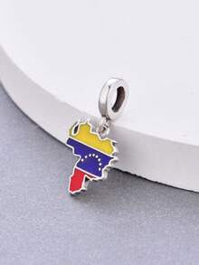 HuooNew 1pc S925 Sterling Silver Map Pendant With Large Hole For Beading, Colorful Epoxy Flag Inlay, Zirconia Stone, Double-Sided Engraving, DIY Bracelet Silver Accessory - Silver - View 3