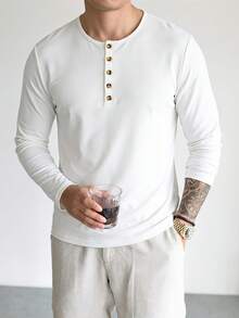 Men's Spring/Autumn Button-Up Slim Fit Henley Collar Long Sleeve T-Shirt - White - View 3