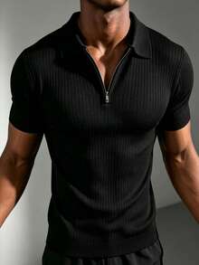 ZYNTH BALENO Men's Fashion Striped Slim Fit Regular Shoulder Zip-Up Polo Collar Short Sleeve Sweater, Suitable For Gym, Cycling, Running Sports - Black - View 4