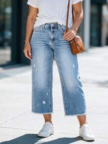 Plus Size Women Elastic Waist Loose Straight Leg Jeans, Distressed Ripped 7/8 Length Denim Pants, Washed Blue Casual Spring - Light Blue - View 3