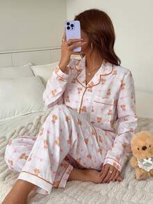 2pcs/Set Women's Autumn/Winter Plaid Heart & Bear Print Lapel Long Sleeve Top And Pants Pajama Set - Pink - View 5