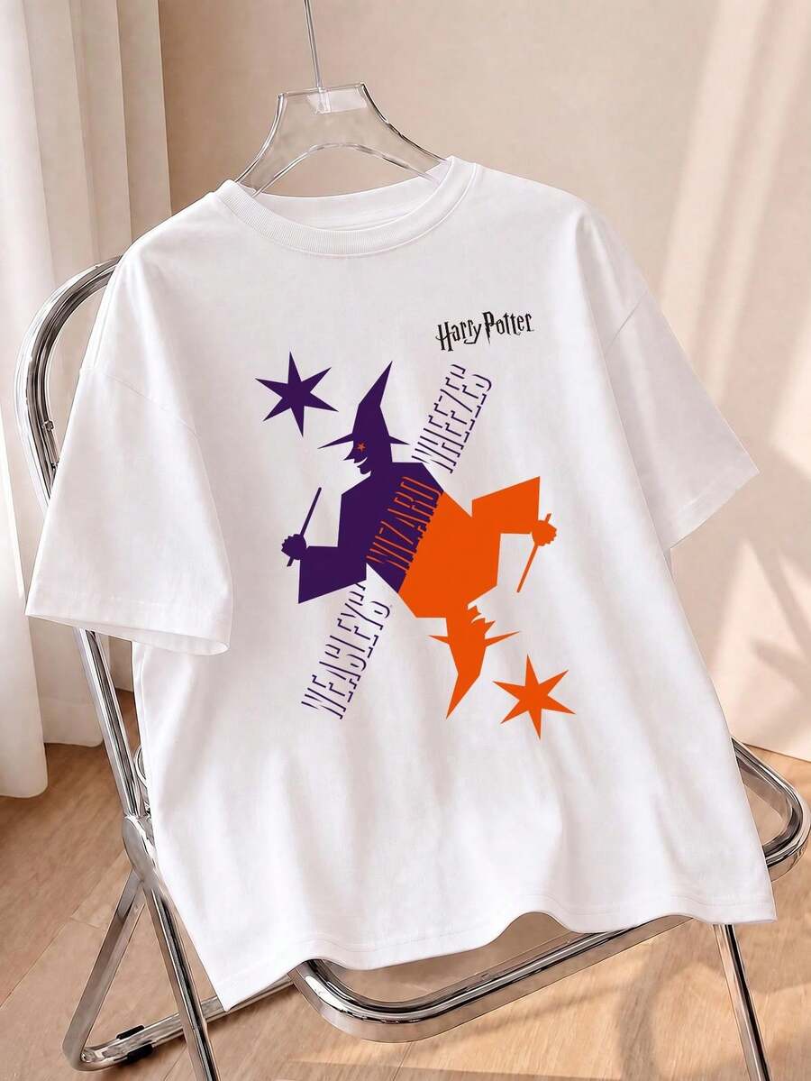 Whysmera SHEIN X Harry Potter Casual Short Sleeve T-Shirt, Cute Cartoon Characters & Hippogriff Print, Breathable, Retro Comic Style, Daily Wear, Summer - White - View 1
