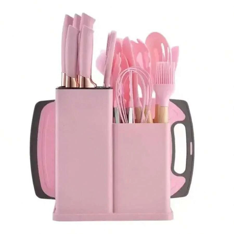 Jogo Cozinha 19 Peças Utensilios Tabua Faca Espatula Tesoura Escumadeira Concha Talher Acessorios Preparo Comida - Rosa Bebê - Visão 1