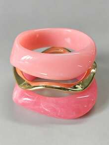 3pcs Pink Tone Bracelet Set, Asymmetrical Square Thick Bangles, Women's Combination Bracelets - Multicolor - View 1
