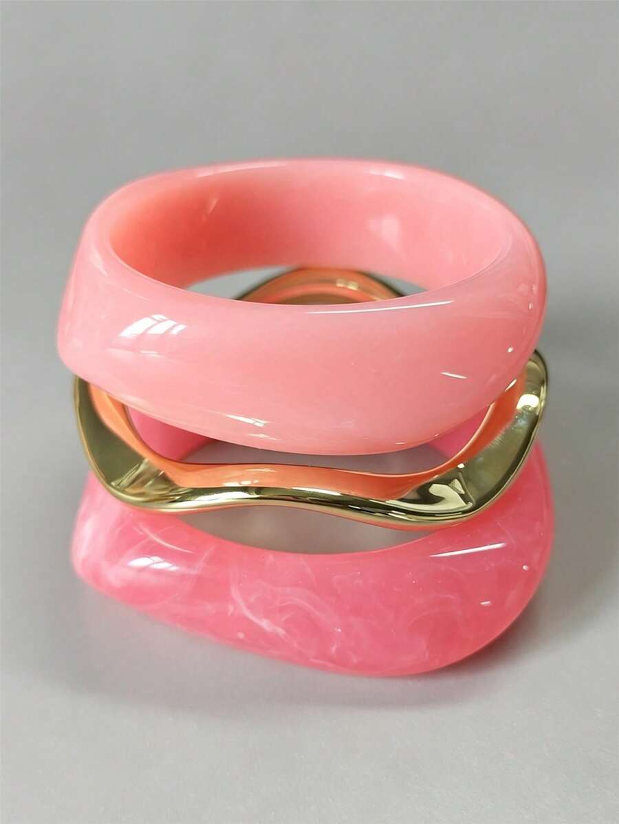 3pcs Pink Tone Bracelet Set, Asymmetrical Square Thick Bangles, Women's Combination Bracelets - Multicolor - View 1