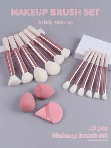 12pcs Multi-Function Makeup Brush Set, Includes Powder Brush, Blush Brush, Foundation Brush, Eyeshadow Brush, Blending Brush, Contour Brush, Slanted Makeup Sponge, Round Makeup Sponge And White Powder Puff - Baby Pink - View 3